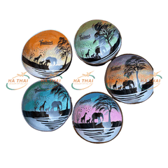 Lacquered Coconut Shell Bowl With Wild Black Elephant (CB060)