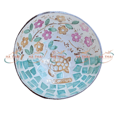 Mauritius Mother of Pearl Inlaid Coconut Bowl – Sea Turtle and Colorful Flowers - MCB13