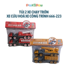 Túi 2 xe cứu hỏa xe công trình chạy đà trớn cho bé tập sửa chữa 666-223 PeeKaPaw Toys