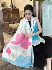 Khăn lụa tơ tằm vẽ tay – khăn lụa dài vẽ hoa sen hồng