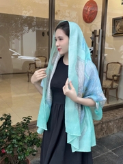 Khăn lụa tơ tằm vẽ tay – khăn lụa dài vẽ hoa sen xanh
