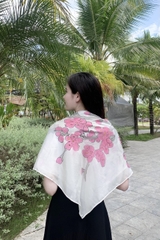 KHĂN LỤA TƠ TẰM VẼ TAY VUÔNG - KHĂN VẼ CÀNH ĐÀO - QUÀ TẶNG CAO CẤP