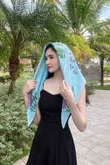 KHĂN LỤA TƠ TẰM VẼ TAY VUÔNG – VẼ HOA TỬ ĐẰNG TÍM NỀN XANH - QUÀ TẶNG VĂN HÓA VIỆT