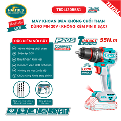 Máy khoan búa không chổi than dùng pin 20V (không kèm pin & sạc) - TIDLI205581