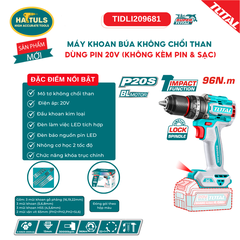 Máy khoan búa không chổi than dùng pin 20V (không kèm pin & sạc) - TIDLI209681