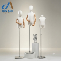 Manocanh Trẻ Em Tay Gỗ Đầu Vải Cao Cấp – Chân Inox Dày Vuông & Tròn (Đủ Size 1-10 Tuổi)