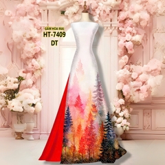 Tây Đô - Vải May Áo Dài In 3D Hoạ Tiết Cây Lá Kim, Phối Màu Mùa Thu, Trên Chất Vải Gấm Hoa Mai