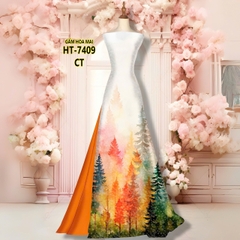 Tây Đô - Vải May Áo Dài In 3D Hoạ Tiết Cây Lá Kim, Phối Màu Mùa Thu, Trên Chất Vải Gấm Hoa Mai