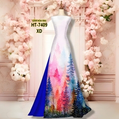 Tây Đô - Vải May Áo Dài In 3D Hoạ Tiết Cây Lá Kim, Phối Màu Mùa Thu, Trên Chất Vải Gấm Hoa Mai