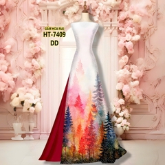 Tây Đô - Vải May Áo Dài In 3D Hoạ Tiết Cây Lá Kim, Phối Màu Mùa Thu, Trên Chất Vải Gấm Hoa Mai