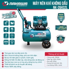 Máy nén khí không dầu, tốc nhanh, siêu êm NAKAWA NK-26H32L - 32 lít