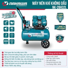 Máy nén khí không dầu, tốc nhanh, siêu êm NAKAWA NK-28H32L - 32 lít