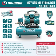 Máy nén khí không dầu, tốc nhanh, siêu êm Nakawa NK-BH1810PRO - 10 lít 1350W