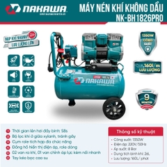Máy nén khí không dầu, tốc nhanh, siêu êm Nakawa NK-BH1826PRO - 26 lít 1350W