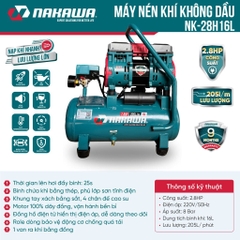 Máy nén khí không dầu, tốc nhanh, siêu êm NAKAWA NK-28H16L - 16 lít