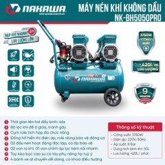 Máy nén khí không dầu, tốc nhanh, siêu êm Nakawa NK-BH5050PRO - 50 lít 3750W