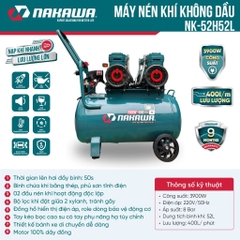 Máy nén khí không dầu, tốc nhanh, siêu êm NAKAWA NK-52H52L - 52 lít
