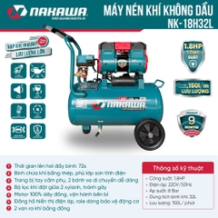 Máy nén khí không dầu, tốc nhanh, siêu êm NAKAWA NK-18H32L - 32 lít