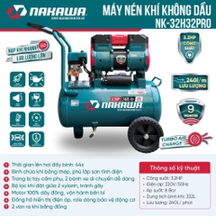 Máy nén khí không dầu, tốc nhanh, siêu êm NAKAWA NK-32H32PRO - 32 lít