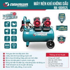 Máy nén khí không dầu, tốc nhanh, siêu êm NAKAWA NK-56H52L - 52 lít