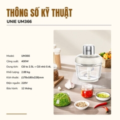Máy xay thịt UNIE UM366 dung tích 2,5L, 2 cối xay thủy tinh, đánh ruốc, bóc tỏi tiện lợi