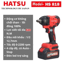 MÁY SIẾT BULONG HATSU HS-818 CHẠY PIN 21V CHÂN PIN PHỔ THÔNG KÈM 2 PIN 4000MAH DÒNG XẢ 5.0AH ĐỘNG CƠ KHÔNG CHỔI THAN  LỰC SIẾT TỐI ĐA 5200N.M TỐC ĐỘ KHÔNG TẢI 2890V/P LỰC ĐẬP 3310L/P ĐẦU BU LÔNG 2 TRONG 1