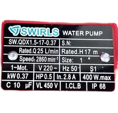 Điện Máy Minh Thành HD - Máy Bơm Chìm 370w - 220v Lưu lượng 25 l/min Ống Xả (Φ ) 25  Cột áp 14m Cánh Nhôm Cốt Hợp Kim Thương Hiệu SWIRLS Dây Đồng Bảo Hành 12 Tháng