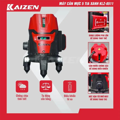 MÁY CÂN BẰNG LASER KAIZEN MÁY BẮN CỐT 5 TIA XANH LÁ KLZ-0511 CÓ REMOTE CHỈNH TIA ĐẬM NHẠT PHẠM VI LÀM VIỆC 50 ĐẾN 100M SAI SỐ ± 1MM PHẠM VI 7M CHỐNG VA ĐẬP CHỐNG NƯỚC IPX54