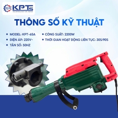 MÁY CHUYÊN ĐỤC KPTs KPT-65A TỐC ĐỘ 1400V/P CÔNG SUẤT 2200W-220V MŨI 32MM THỜI GIAN LÀM VIỆC TỐI ƯU 30/90S KÈM 2 MŨI CHÂN LỤC GIÁC NHỌN DẸT