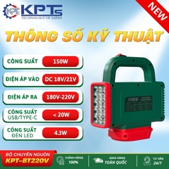 BỘ CHUYỂN ĐỔI NGUỒN THÂN ĐẾ CHUYỂN ĐỔI NGUỒN CHÂN PIN PHỔ THÔNG KHÔNG KÈM PIN KPTs KPT-BT220V TỪ PIN SANG ĐIỆN 220V CÔNG SUẤT 150W DÙNG CHO TẤT CẢ THIẾT BỊ ĐIỆN TIỆN DỤNG MỌI LÚC MỌI NƠI CÓ ĐÈN PIN CHIẾU SÁNG