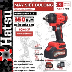 MÁY SIẾT BULONG HATSU HS-818 CHẠY PIN 21V CHÂN PIN PHỔ THÔNG KÈM 2 PIN 4000MAH DÒNG XẢ 5.0AH ĐỘNG CƠ KHÔNG CHỔI THAN  LỰC SIẾT TỐI ĐA 5200N.M TỐC ĐỘ KHÔNG TẢI 2890V/P LỰC ĐẬP 3310L/P ĐẦU BU LÔNG 2 TRONG 1