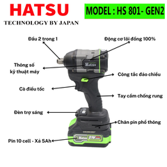 [ HS 801Gen2 ]Máy siết bulong HATSU - 801 G2, Động cơ Không chổi than, Lực siết 550N.M