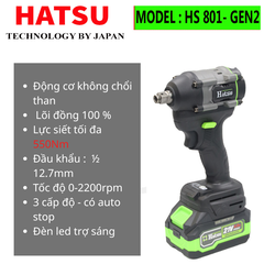 [ HS 801Gen2 ]Máy siết bulong HATSU - 801 G2, Động cơ Không chổi than, Lực siết 550N.M