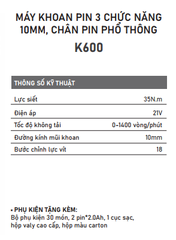 Máy Khoan Pin 21V Benz K600 3 Chức Năng Khoan Búa Bắt Vít 2 Pin 5 Cell Khoan Tường Sắt Gỗ