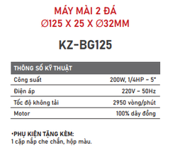 Máy Mài 2 Đá KAIZEN KZ-BG125 125mm 220V – Tốc Độ Chậm Chống Rung, Độ Chính Xác Cao