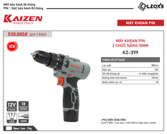 MÁY KHOAN PIN ĐẦU 10MM 28 N.M 2 CHỨC NĂNG 12V KAIZEN KZ-399 1350V/P