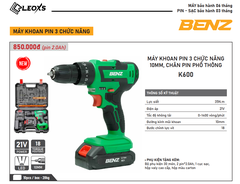 Máy Khoan Pin 21V Benz K600 3 Chức Năng Khoan Búa Bắt Vít 2 Pin 5 Cell Khoan Tường Sắt Gỗ