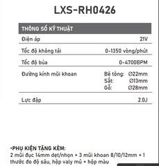 MÁY KHOAN ĐỤC BÊ TÔNG PIN LEOxs LXS-RH0426 CHUYÊN 4 CHỨC NĂNG MOTOR KHÔNG CHỔI THAN
