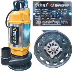 MÁY BƠM CHÌM NƯỚC THẢI CÓ CÁNH CẮT RÁC 1100W THÂN INOX 304 SWIRLS V1100D