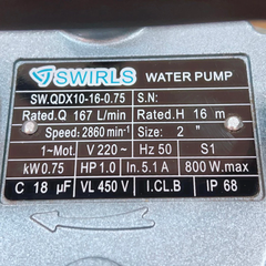 MÁY BƠM CHÌM 750W BƠM THẢ TÕM NƯỚC SẠCH SWIRLS SW.QDX10-16-0.75 ỐNG XẢ 50 LƯU LƯỢNG 167 L/PHÚT MAX 16M BƠM NƯỚC GIẾNG AO HỒ DÂN DỤNG GIA ĐÌNH