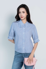 MIRA SHIRT- Áo Sơ Mi Kẻ Cổ Nhún Bèo Chất Liệu Cotton Phong Cách Thanh Lịch, Basic (Y05BLS02)