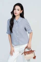 MIRA SHIRT- Áo Sơ Mi Kẻ Cổ Nhún Bèo Chất Liệu Cotton Phong Cách Thanh Lịch, Basic (Y05BLS02)