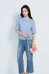 MIRA SHIRT- Áo Sơ Mi Kẻ Cổ Nhún Bèo Chất Liệu Cotton Phong Cách Thanh Lịch, Basic (Y05BLS02)