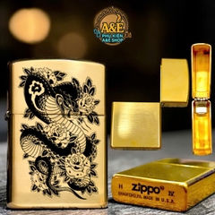 Vỏ Case Zippo Đồng Nguyên Khối Khắc Hình Rồng Và Rắn, Quà Tặng Sưu Tầm