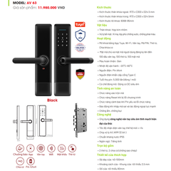 Khóa cửa vân tay Avolock AV 63 có thiết kế tinh tế, dễ dàng sử dụng và lắp đặt