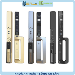 Khóa vân tay Kassler cửa nhôm KL‑599 CNC‑01 tích hợp Face ID 3D, nhận diện lòng bàn tay, vân tay, mã số, thẻ từ và chìa cơ