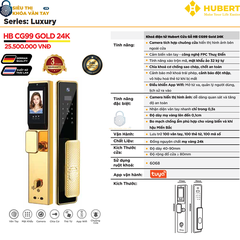 Khóa vân tay cửa gỗ Hubert CG99 GOLD 24K thiết kế hiện đại
