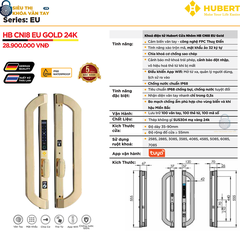 Khóa vân tay cửa nhôm Hubert CNI8 EU GOLD 24K thông minh bảo mật