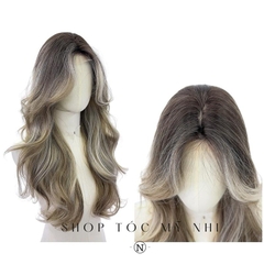 Tóc Giả Mỹ Nhi Xoăn Layer Hai Mái Bay Màu Tóc Highlight Rêu Khói x-dk1-0112 Da Đầu Dệt Kim