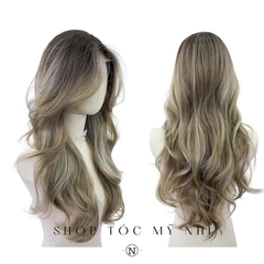 Tóc Giả Mỹ Nhi Xoăn Layer Hai Mái Bay Màu Tóc Highlight Rêu Khói x-dk1-0112 Da Đầu Dệt Kim